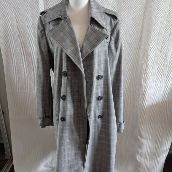 Elie Tahari Plaid Double Breasted Trench Coat Size Large Grey Preppy Classic - Picture 3 of 16